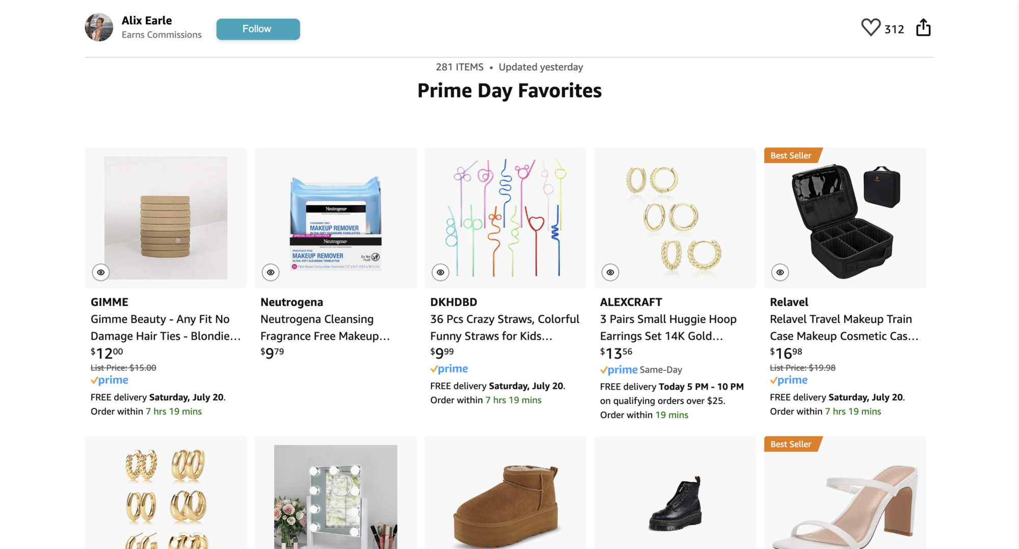 Alix early influencer storefront on the landing page for prime day 2024